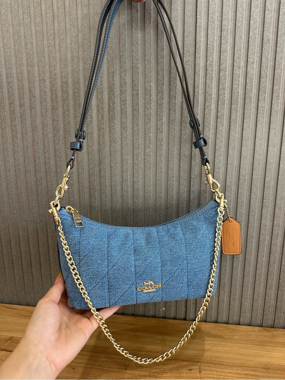 Coach Quilted Denim Shoulder Bag with Gold Chain and Tan Tag